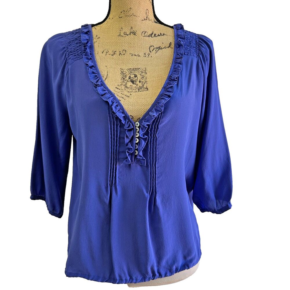 GREYLIN ANTHOPOLOGY ELECTRIC BLUE  RUFFLED V-NECK 3/4 SLEEVE SILK BLOUSE SZ M